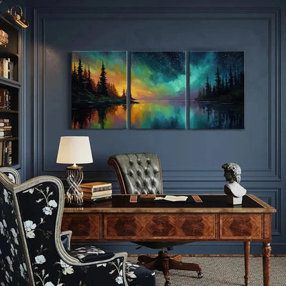 3pcs Northern Lights Forest Reflection Lake Night Metal Print Ready to Hang Art
