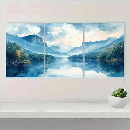 3pcs Watercolor Mountain River Serene Landscape Metal Print Ready to Hang Art