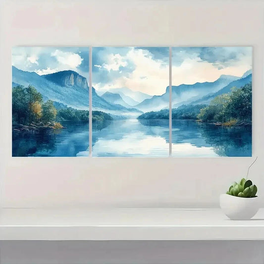 3pcs Watercolor Mountain River Serene Landscape Metal Print Ready to Hang Art