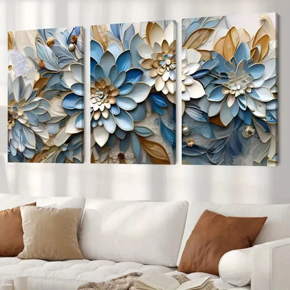 3pcs Blue White & Gold Abstract Flower Canvas Framed 40x60cm - High Quality Print 100% Australian Made Wall Canvas Ready to Hang