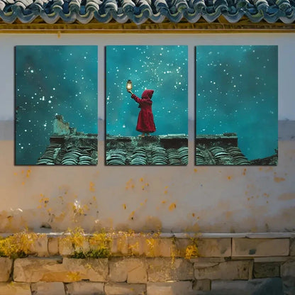 3pcs Fantasy Landscape with Tiny Elves and Lantern Metal Print Ready to Hang Art