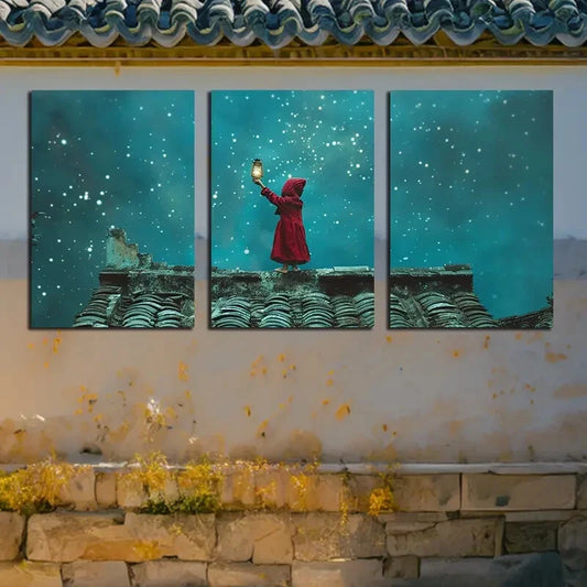 3pcs Fantasy Landscape with Tiny Elves and Lantern Metal Print Ready to Hang Art