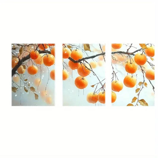 3pcs Vibrant Orange Pears & Green Leaves Nature Metal Print Ready to Hang Art