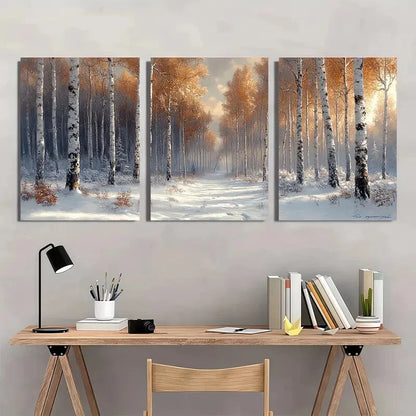 3pcs Snowy Birch Trees & Aspen Landscape Metal Print Ready to Hang Art