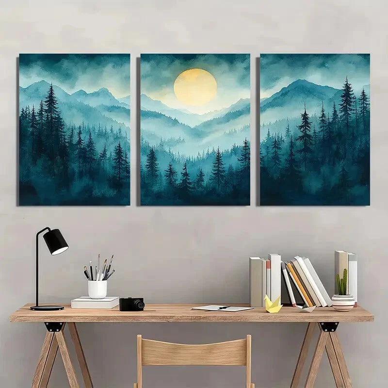 3pcs Oregon Forest Painting Pine Watercolor Metal Print Ready to Hang Art