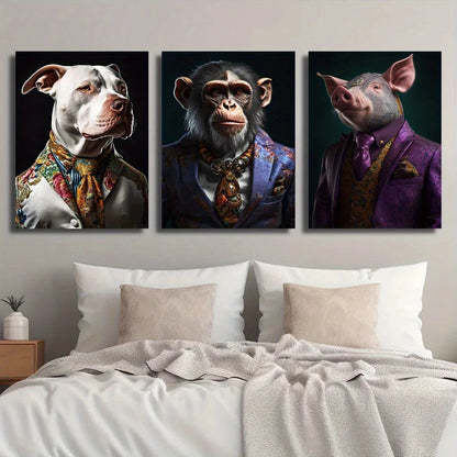3pcs Bulldog Monkey Pig Animal Wearing Clothes Metal Print Ready to Hang Art