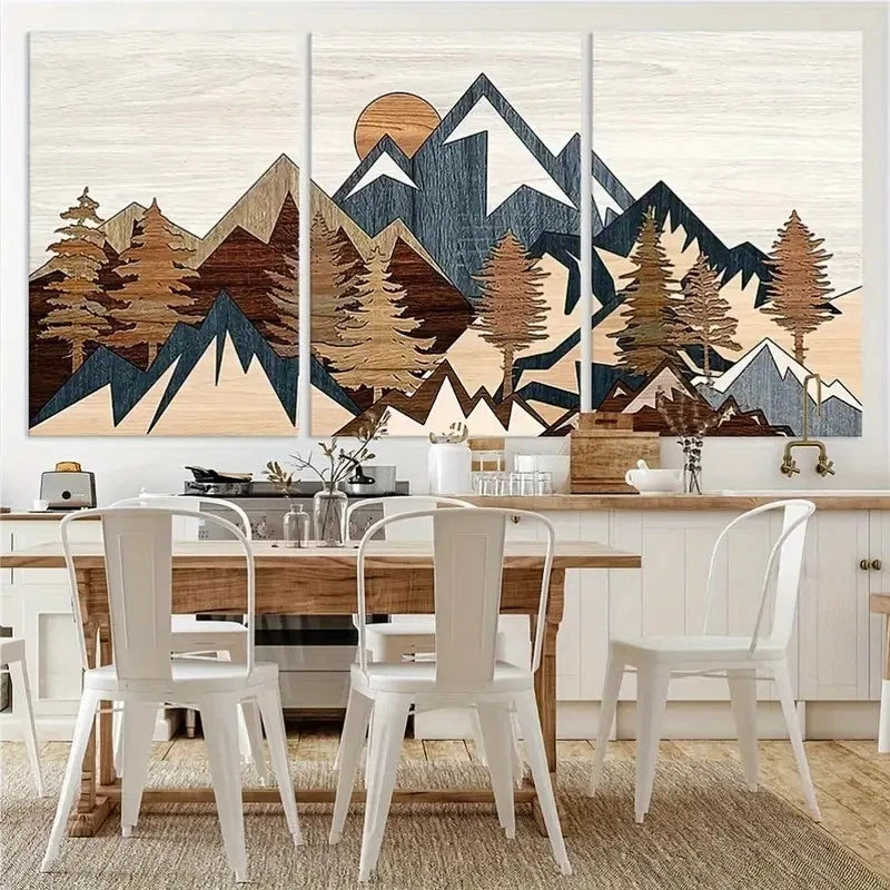 3pcs Stylized Mountain and Tree Scenery Metal Print Ready to Hang Art
