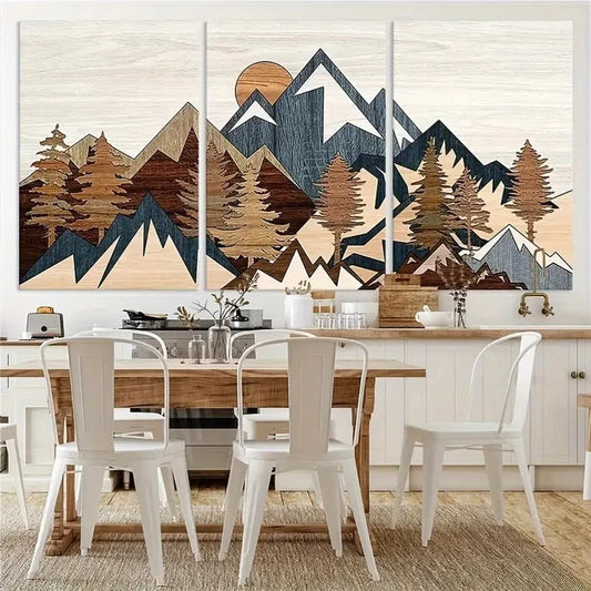 3pcs Stylized Mountain and Tree Scenery Metal Print Ready to Hang Art