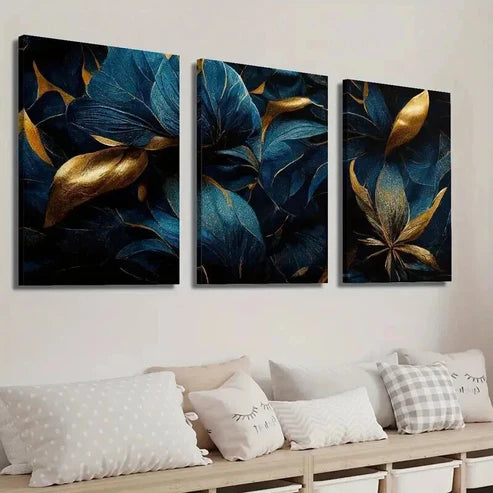 3pcs Abstract Golden And Blue Tropical Leaves Wall Art Set Canvas Unframed - High Quality Print 100% Australian Made Wall Canvas