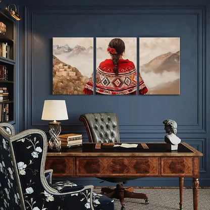 3pcs Mountain View Traditional Attire with Roses Metal Print Ready to Hang Art