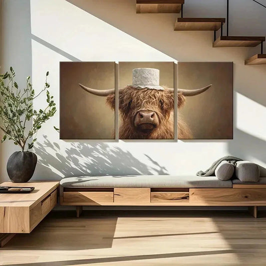 3pcs Artistic Highland Cow Portrait White Hat Metal Print Ready to Hang Art