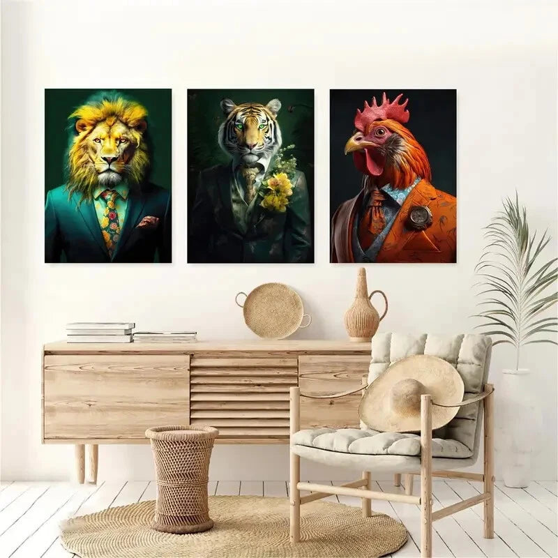 3pcs Rooster Tiger Lion Portrait Décor Perfect Wall Art Set Canvas Framed 40x60cm - High Quality Print 100% Australian Made Wall Canvas Ready to Hang