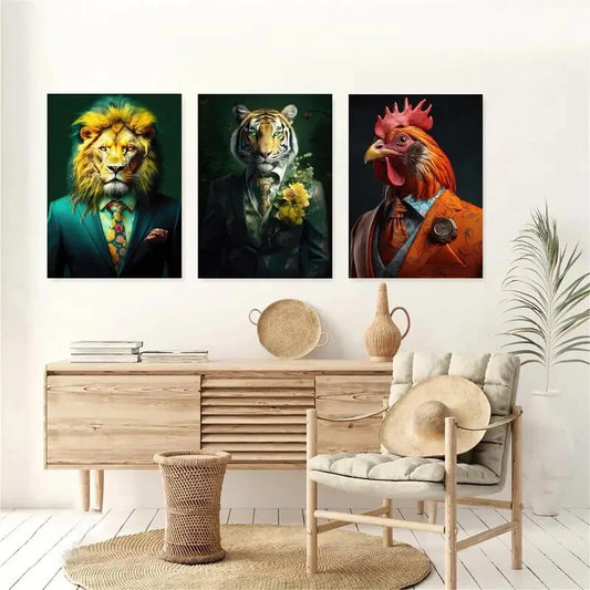 3pcs Rooster Tiger Lion Portrait Décor Perfect Wall Art Set Canvas Framed 40x60cm - High Quality Print 100% Australian Made Wall Canvas Ready to Hang
