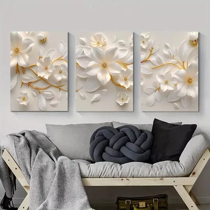 3pcs White Floral Paper Art with Golden Canvas Framed 40x60cm - High Quality Print 100% Australian Made Wall Canvas Ready to Hang