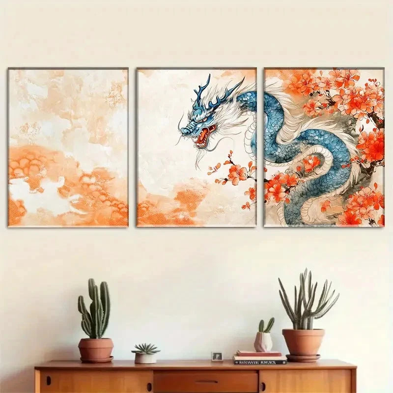 3pcs Dragon Art Vibrant Oriental-Inspired Metal Print Ready to Hang Art
