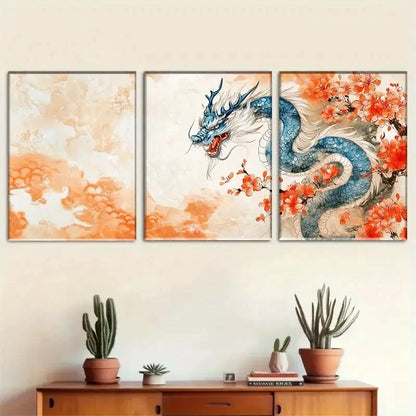 3pcs Dragon Art Vibrant Oriental-Inspired Metal Print Ready to Hang Art