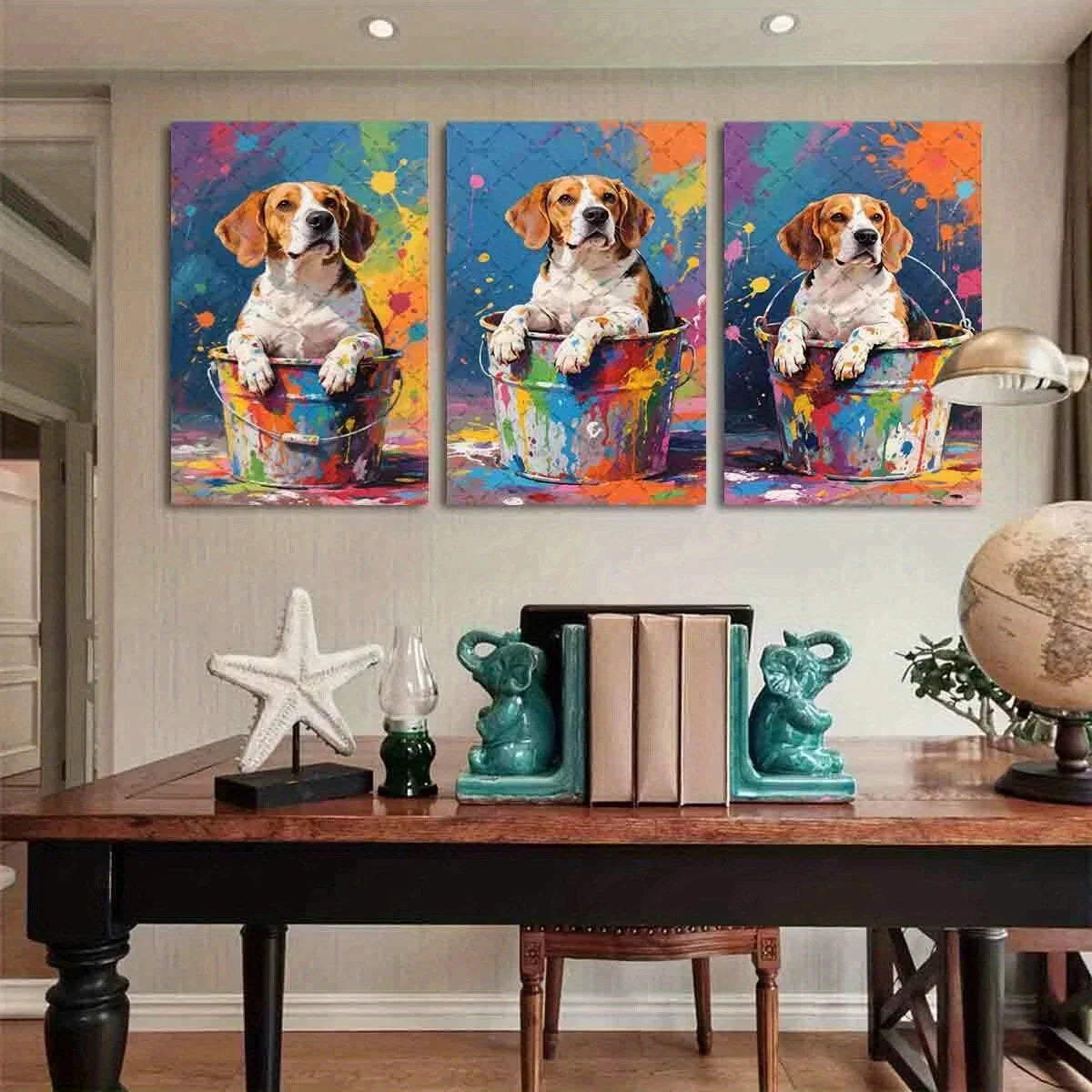 3pcs Vibrant Abstract Beagle Bathtub Metal Print Ready to Hang Art