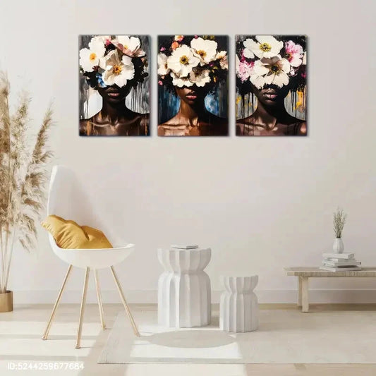 3pcs Minimalist African Woman & Floral Design Metal Print Ready to Hang Art