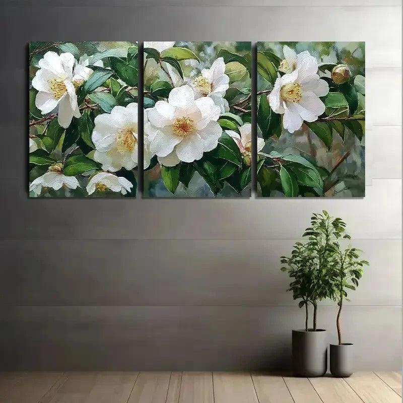 3pcs White Camellias in Full Bloom Modern Art Metal Print Ready to Hang Art