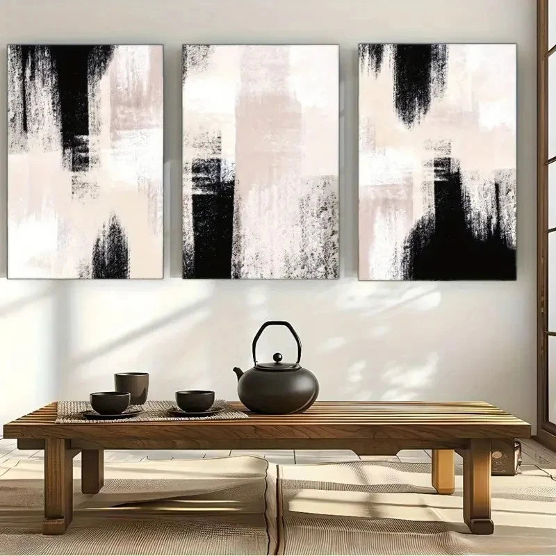 3pcs Featuring Abstract Art in Black And Beige Metal Print Ready to Hang Art