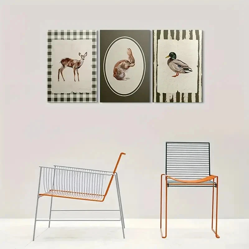 3pcs Deer Rabbit Duck Animal Themed Metal Print Ready to Hang Art