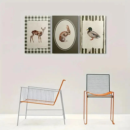 3pcs Deer Rabbit Duck Animal Themed Metal Print Ready to Hang Art