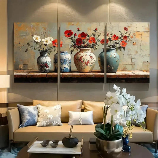 3pcs Eclectic Still Life Painting Of Vases Design Metal Print Ready to Hang Art