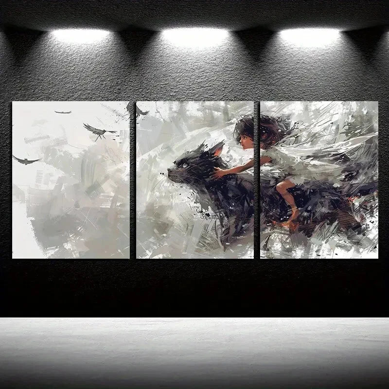 3pcs Charming Black Cat Girl Abstract Design Metal Print Ready to Hang Art