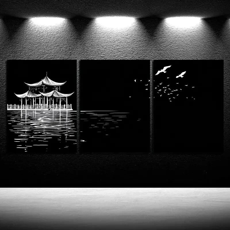 3pcs Modern Black and White Bridge Metal Print Ready to Hang Art