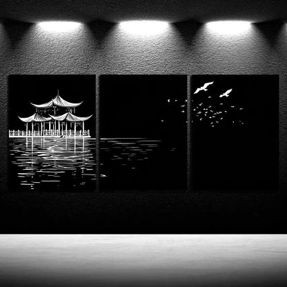 3pcs Modern Black and White Bridge Metal Print Ready to Hang Art