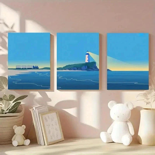 3pcs Beach, Lighthouse, Train    Wall Art Canvas  Wall Art Set Canvas Framed 40x60cm - High Quality Print 100% Australian Made Wall Canvas Ready to Hang