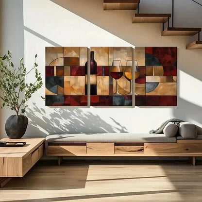 3pcs Abstract Wine Bottle And Glasses Artwork Wall Art Set Canvas Framed 40x60cm - High Quality Print 100% Australian Made Wall Canvas Ready to Hang