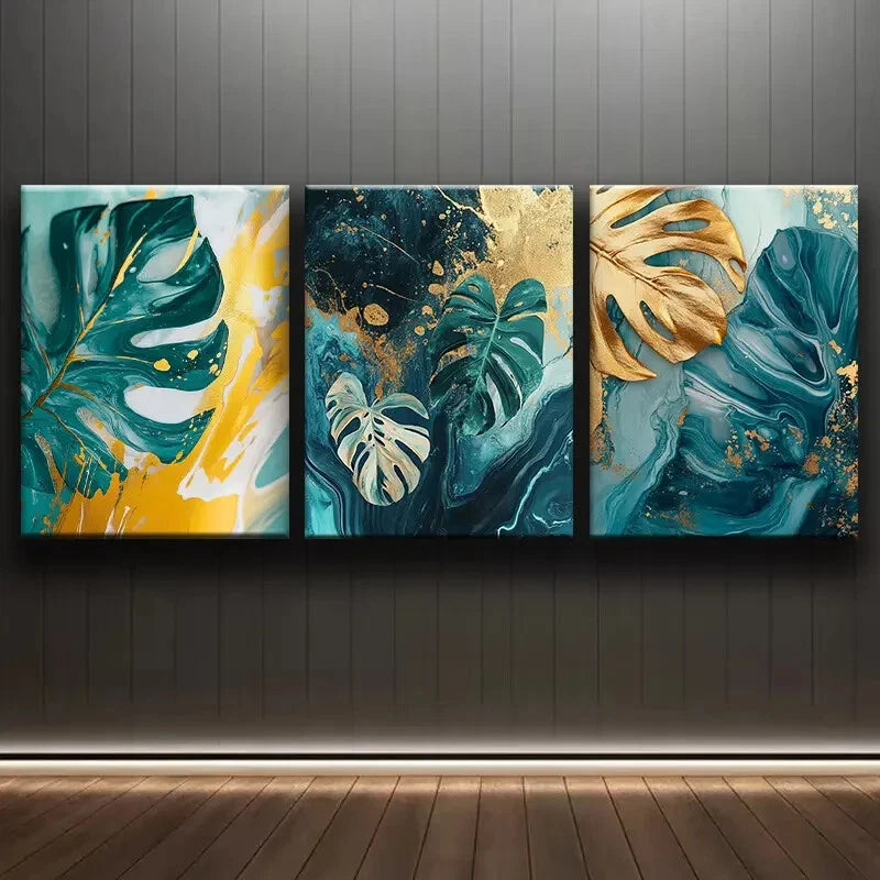 3pcs Teal and Golden Leaf Green Metal Print Ready to Hang Art