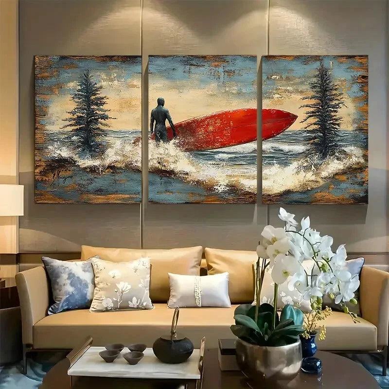 3pcs Rustic Design Surfer Tropical Beach Metal Print Ready to Hang Art