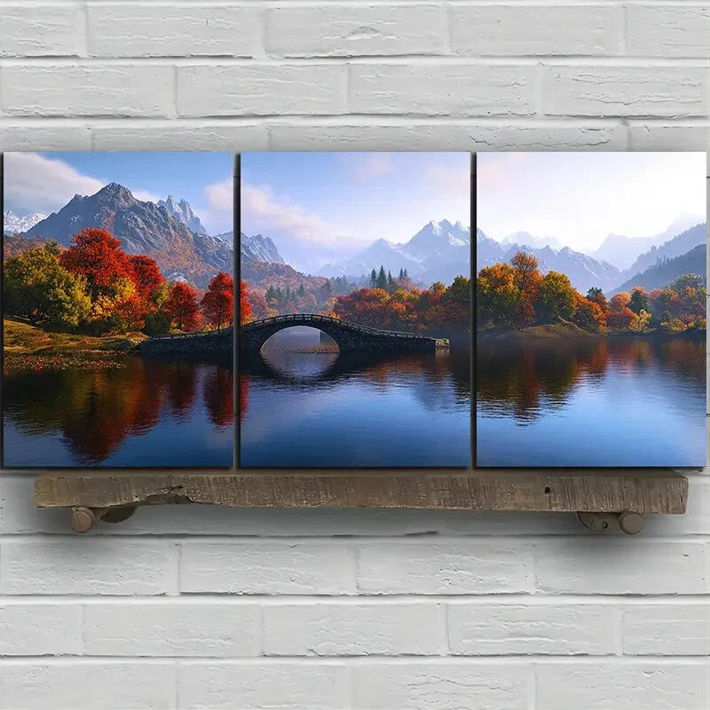 3pcs The Stone Bridge on The Lake Metal Print Ready to Hang Art