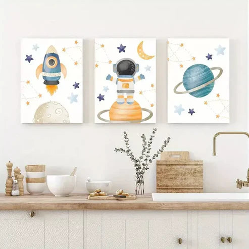 3pcs Cartoon Astronaut and Planets Wall Art Set Canvas Unframed - High Quality Print 100% Australian Made Wall Canvas