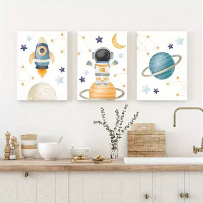 3pcs Cartoon Astronaut and Planets Wall Art Set Canvas Unframed - High Quality Print 100% Australian Made Wall Canvas