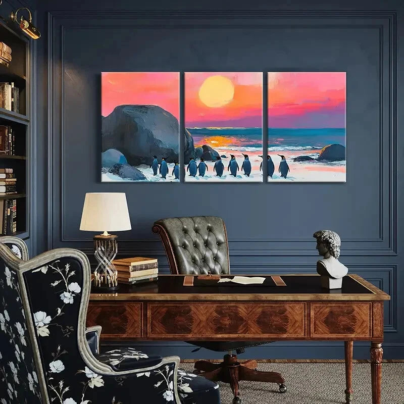 3pcs Artistic Penguins Sunset Beach Landscape Metal Print Ready to Hang Art