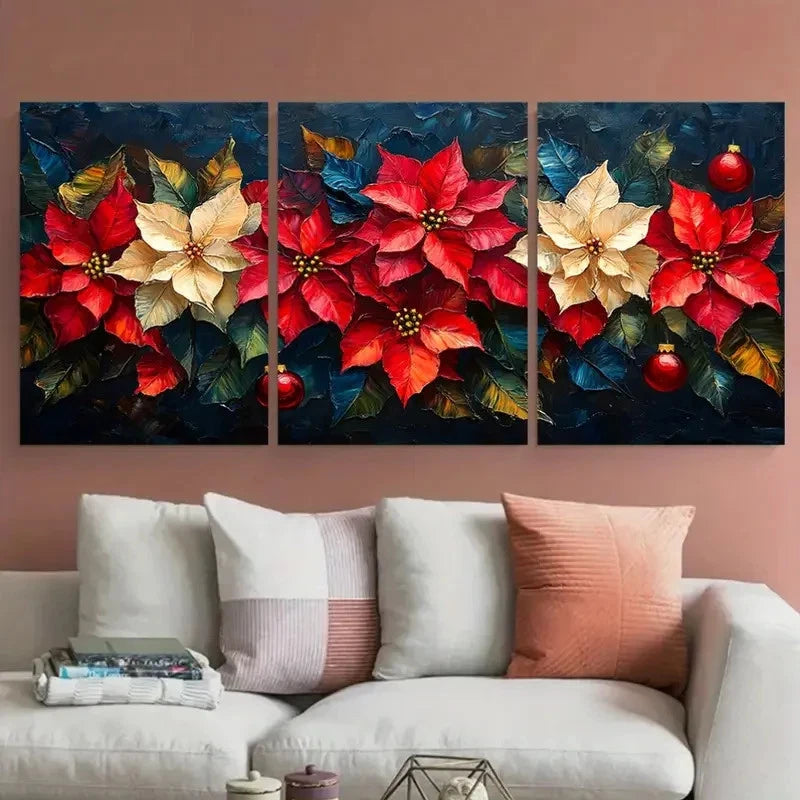 3pcs Poinsettia Florals Impasto Illustration Metal Print Ready to Hang Art