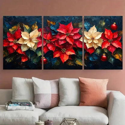 3pcs Poinsettia Florals Impasto Illustration Metal Print Ready to Hang Art