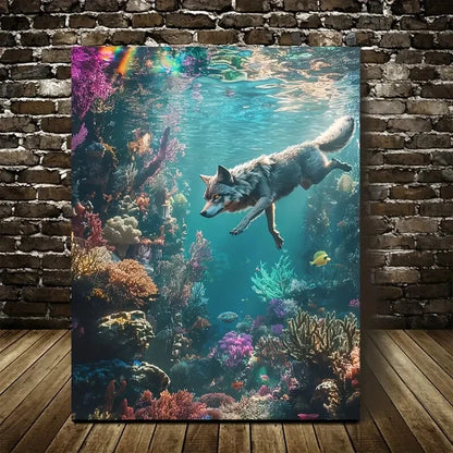 Dreamlike Underwater Wolf Scene with Coral Painting 40x60cm Metal Print Ready to Hang