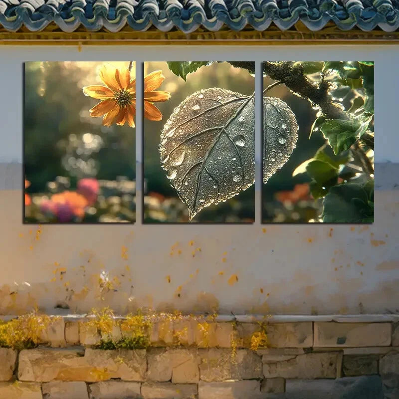 3pcs Vibrant Leaves and flowers with Sunlit Metal Print Ready to Hang Art