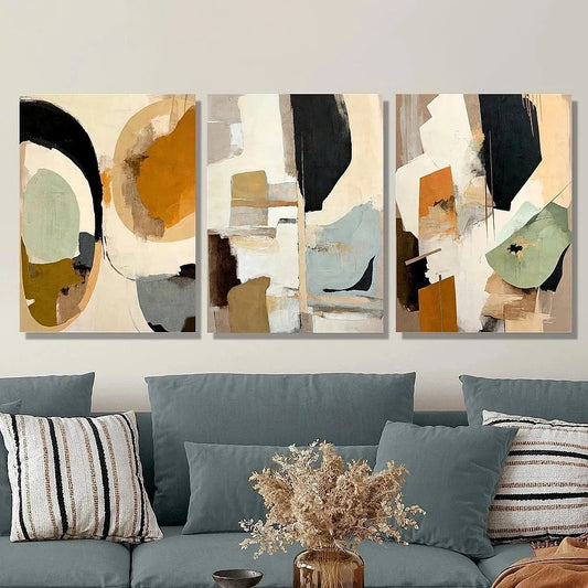 3pcs Abstract Color Block Green Orange Beige Metal Print Ready to Hang Art