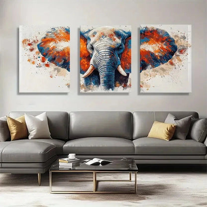 3pcs Vibrant Orange & Blue Elephant Metal Print Ready to Hang Art