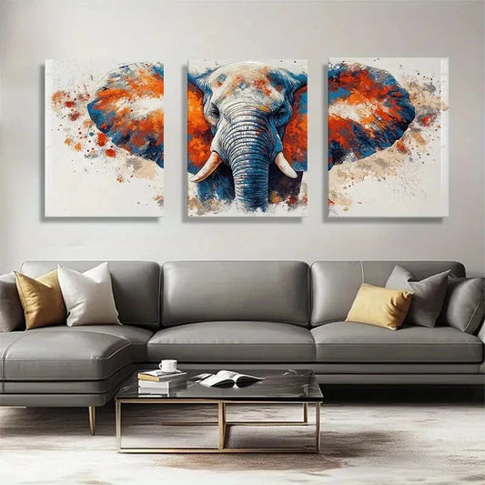 3pcs Vibrant Orange & Blue Elephant Metal Print Ready to Hang Art