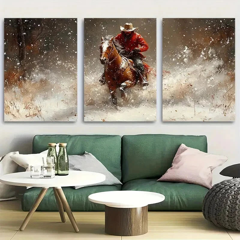 3pcs Rider In The Snow Wild West Winter Metal Print Ready to Hang Art