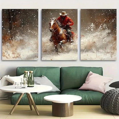 3pcs Rider In The Snow Wild West Winter Metal Print Ready to Hang Art