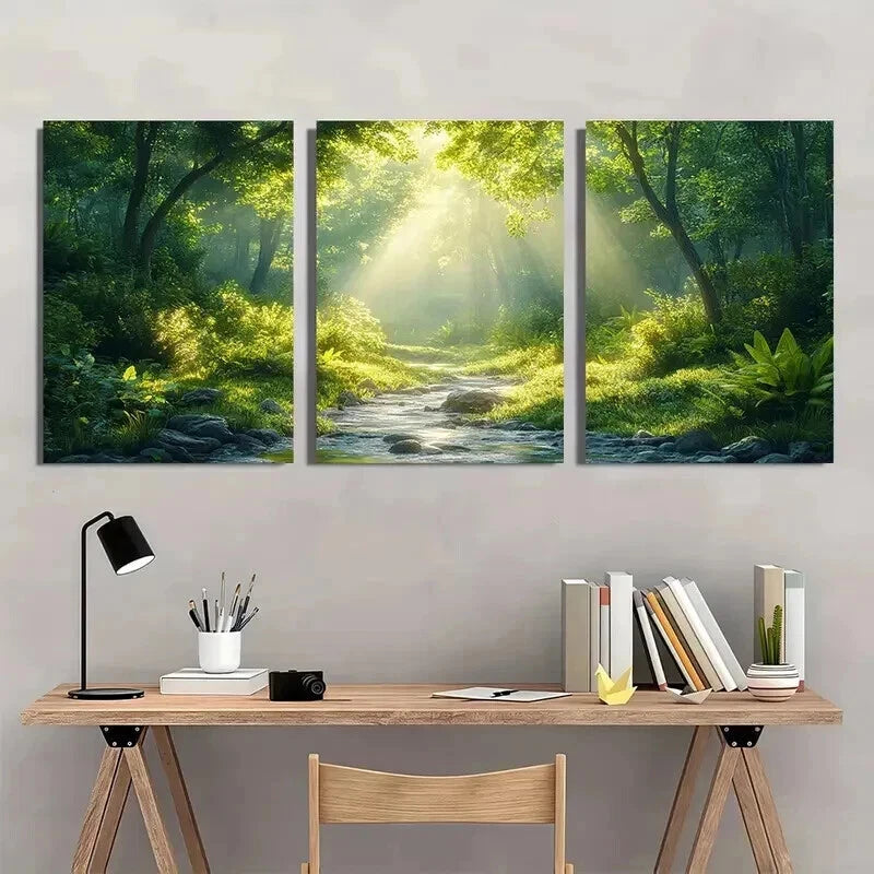 3pcs Serene Green Forest Lush Trees & Stream Wall Art Set Canvas Framed 40x60cm - High Quality Print 100% Australian Made Wall Canvas Ready to Hang