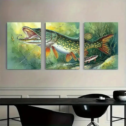 3pcs Rustic Pike Fishing Scene Metal Print Ready to Hang Art