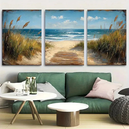 3pcs Sunny Beach Coastal Seascape Design Metal Print Ready to Hang Art